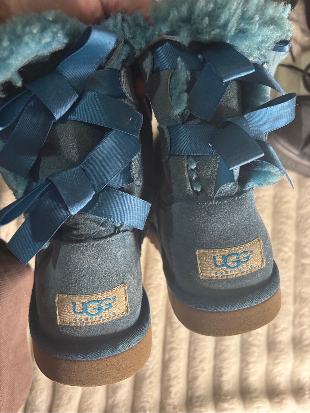 UGG Kids Teal Ribbon Shearling Boots